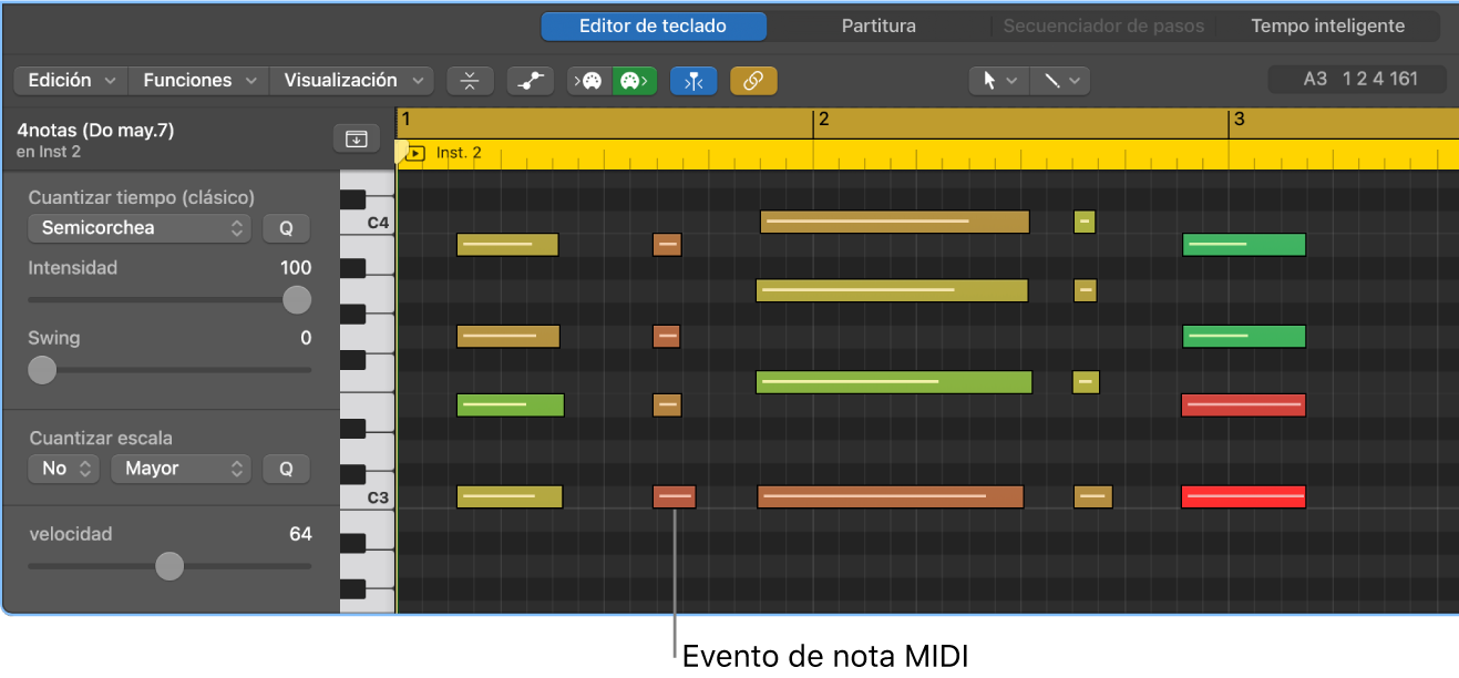 Ilustración. Editor de teclado, donde se señala un evento de nota MIDI.