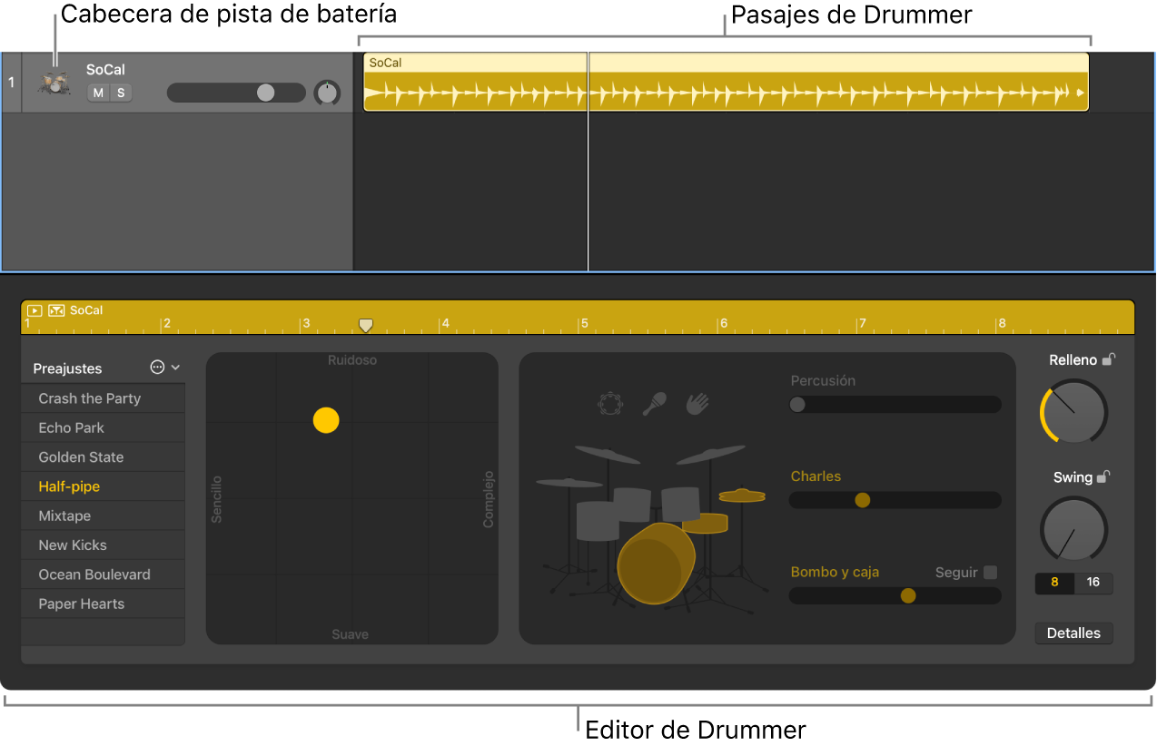 Ilustración. Se muestra una pista de Drummer con pasajes de Drummer, y el editor Drummer.
