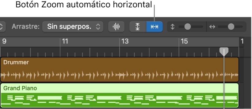 Los controles “Zoom de onda”, “Zoom automático vertical” y “Zoom automático horizontal” están en la barra de menús del área Pistas.