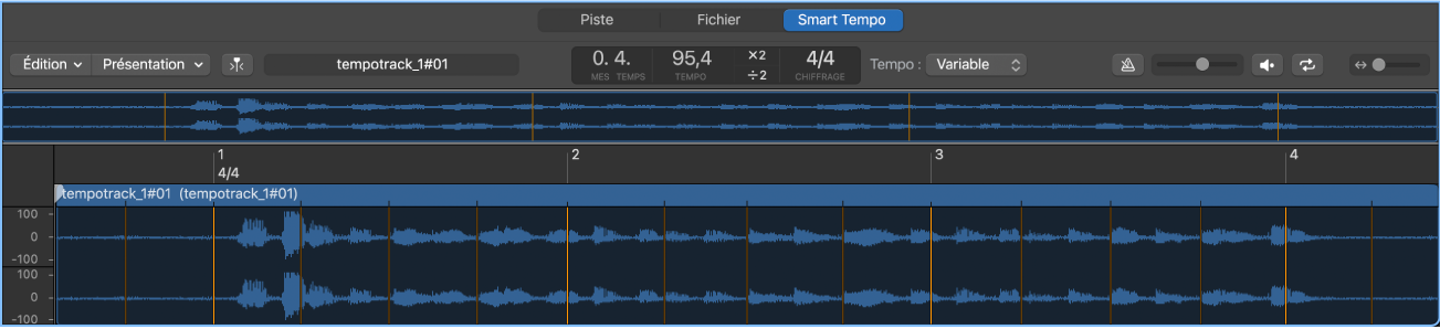 Figure. Éditeur de Smart Tempo avec un fichier audio et un temps sélectionnés.