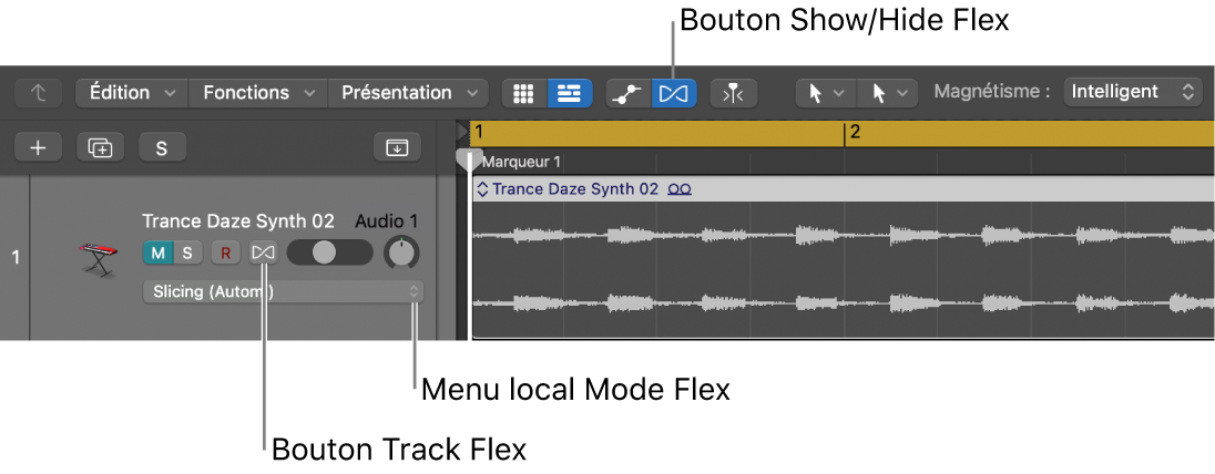 Figure. Bouton Flex et menu local Mode Flex dans l’en-tête d’une piste audio.