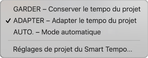 Figure. Menu de l’écran Tempo affichant trois modes Smart Tempo.