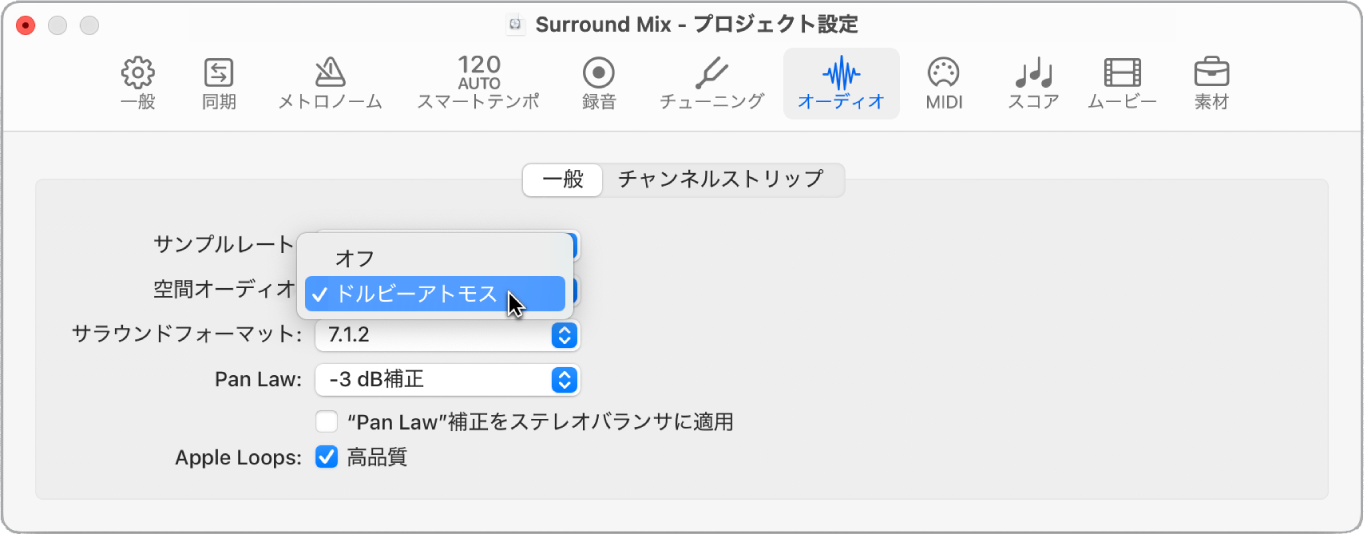 図。プロジェクト設定で空間オーディオをオンにします。