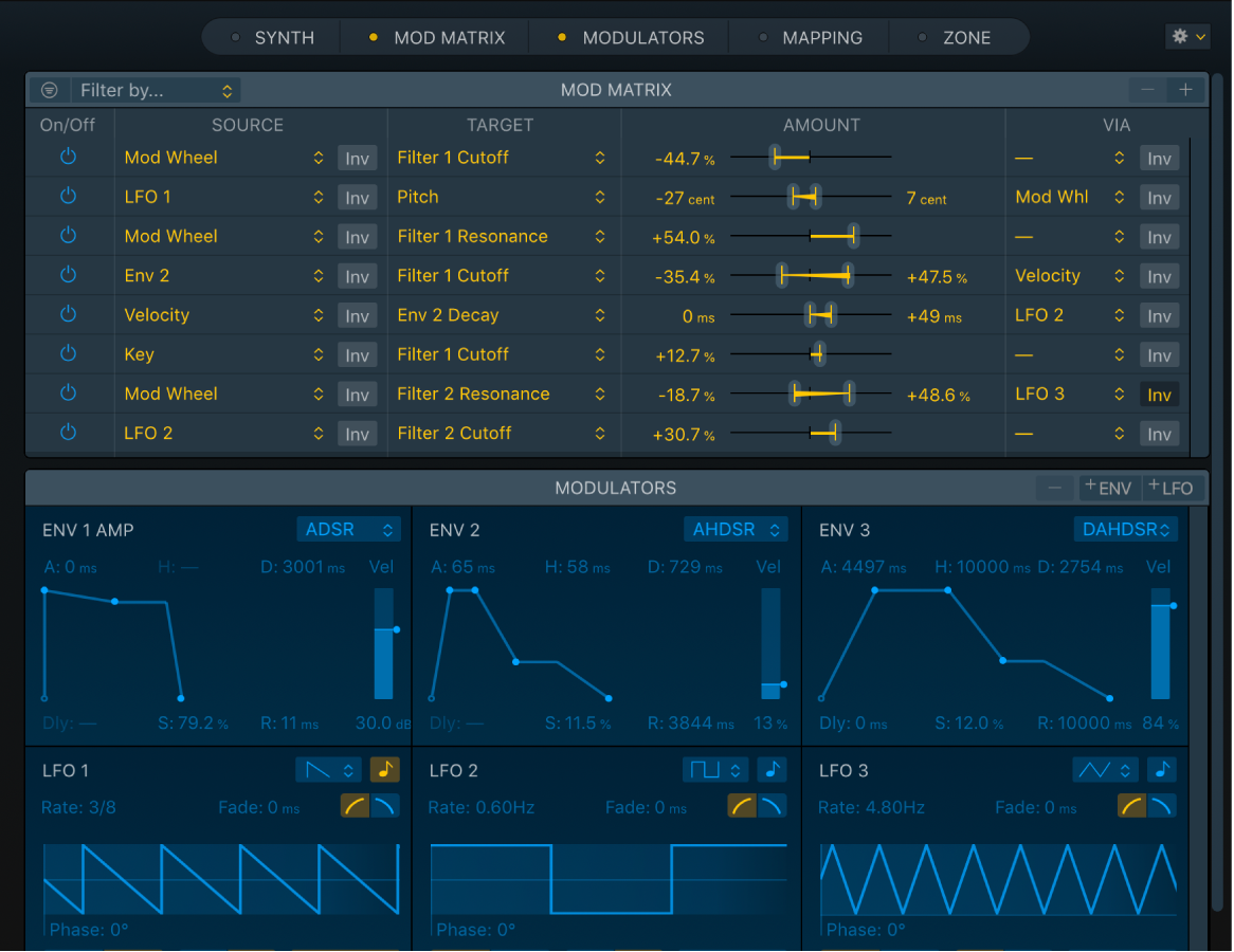 図。Samplerの「Mod Matrix」パネルと「Modulators」パネル。複数のモジュレーション経路、LFO、エンベロープが表示されています。