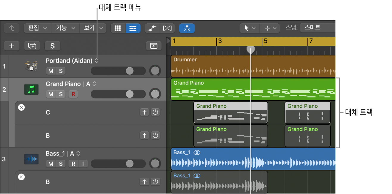 그림. 여러 개의 대체 트랙을 보여주는 트랙 영역과 트랙 헤더에 보이는 대체 트랙 메뉴.