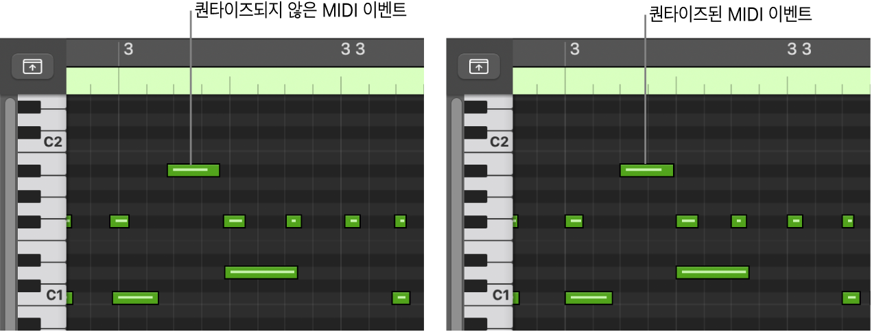 그림. 피아노 롤 편집기에서 퀀타이즈된 MIDI와 퀀타이즈되지 않은 MIDI 이벤트를 보여주는 이미지 쌍