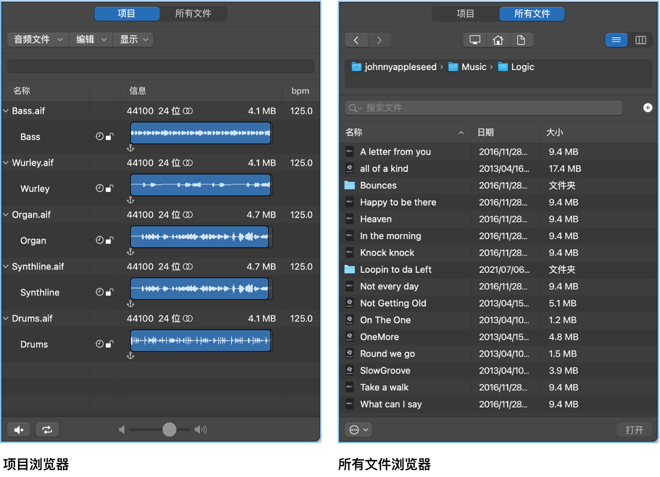 图。项目音频浏览器和所有文件浏览器。