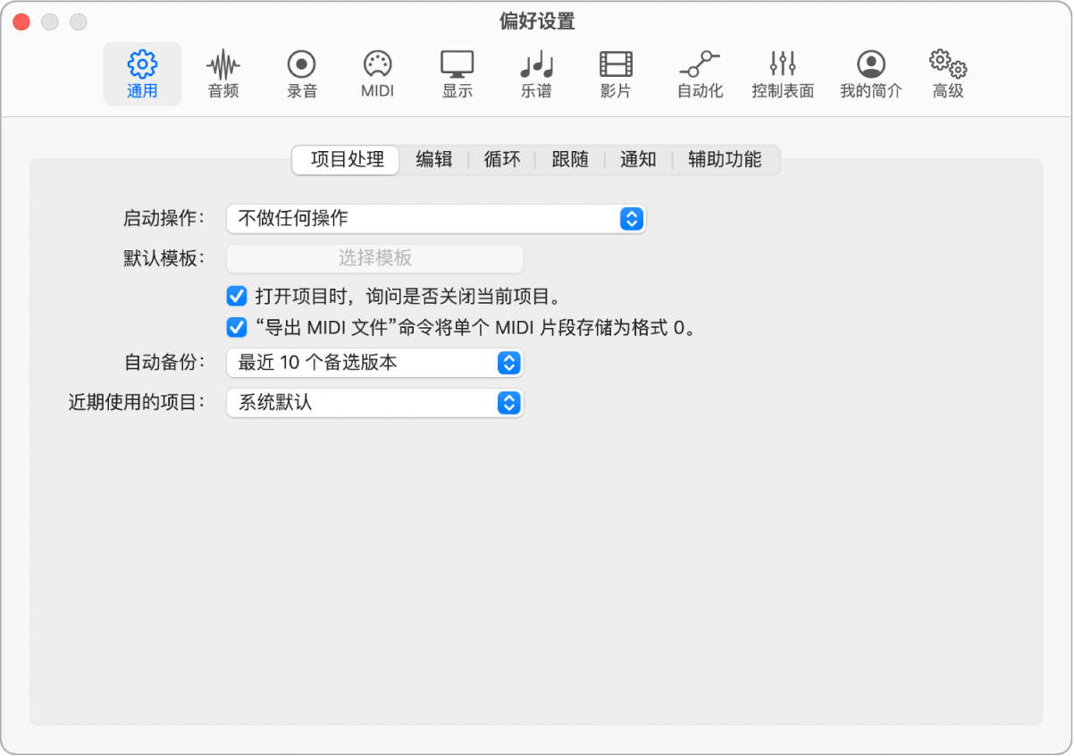 图。通用“项目处理”偏好设置。