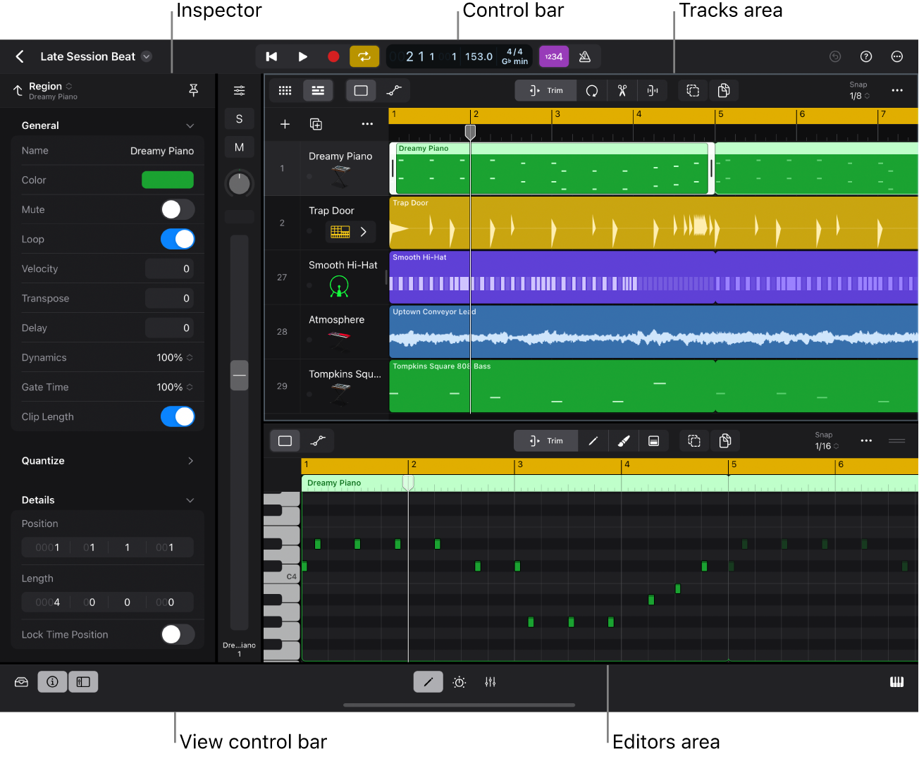 Figure. Logic Pro interface showing Tracks area, inspector, and Piano Roll Editor open.