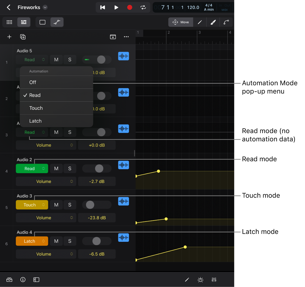 Figure. Automation modes in the track headers.