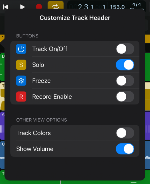 Figure. Customize Track Header window showing available buttons and other view options.