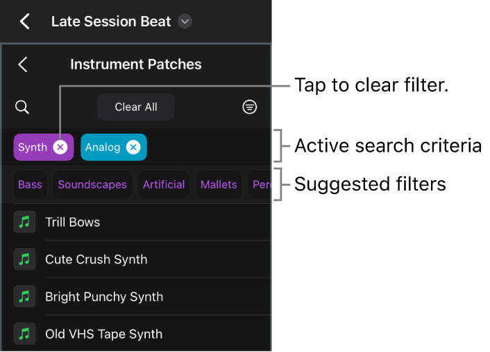 Figure. Instrument Patches view in the Browser showing active search criteria and suggested filters.