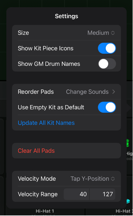 Drum Machine Designer surface settings.