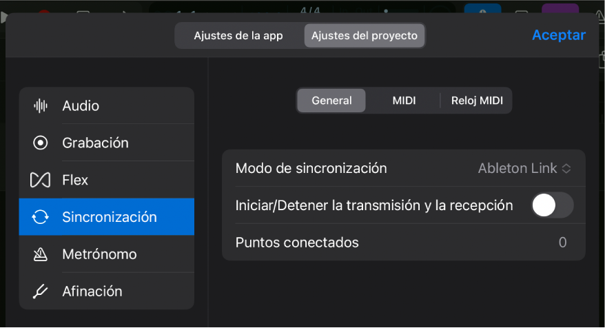 Pestaña General de la página de ajustes del proyecto Sincronización.
