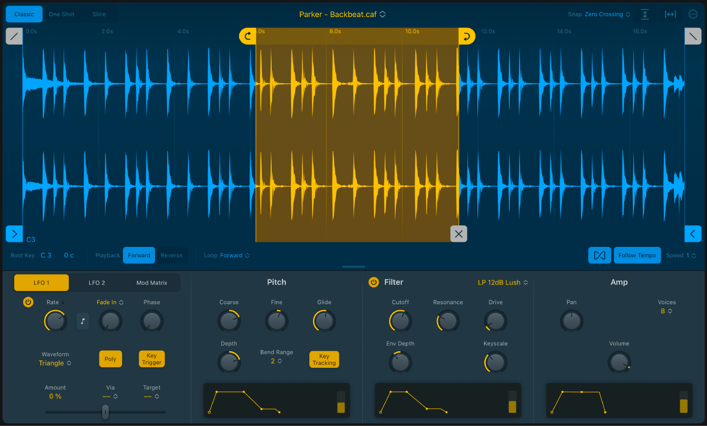 Ilustración. Visualización de onda del modo Classic de Quick Sampler, que muestra los marcadores de inicio y de final, los marcadores de inicio y de final del loop y un pasaje de loop, el marcador Crossfade y los parámetros del modo Classic seleccionados.