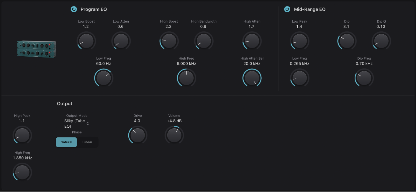 Ilustración. Ventana del ecualizador Vintage Tube EQ.