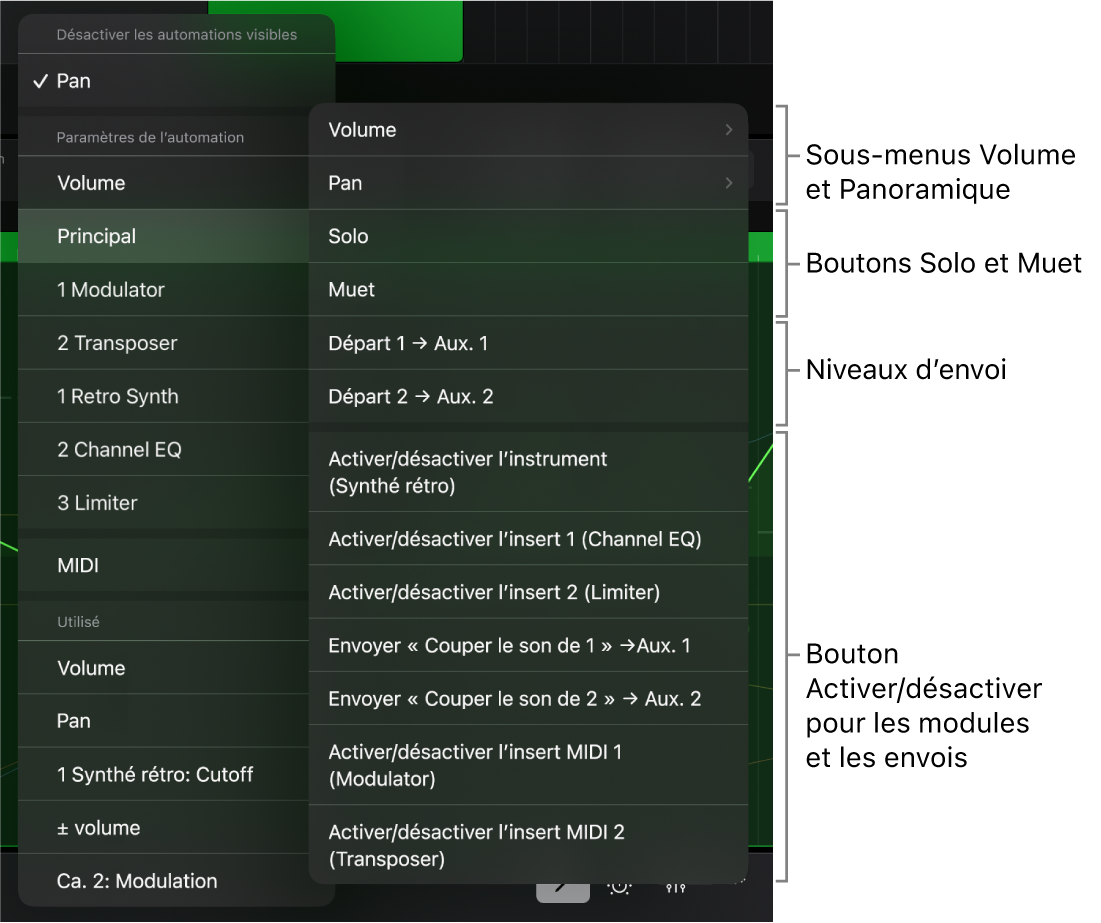 Figure. Menu local Automation - sous-menu Principal.