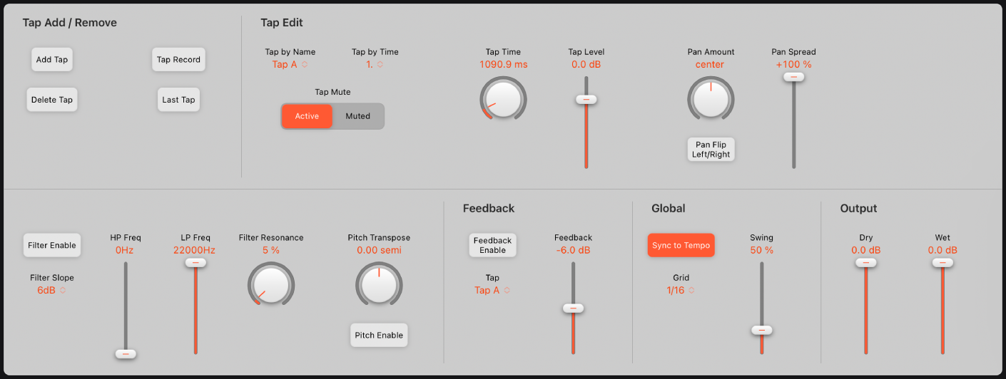 図。Delay Designerウインドウ。主なインターフェイス領域が表示されている。