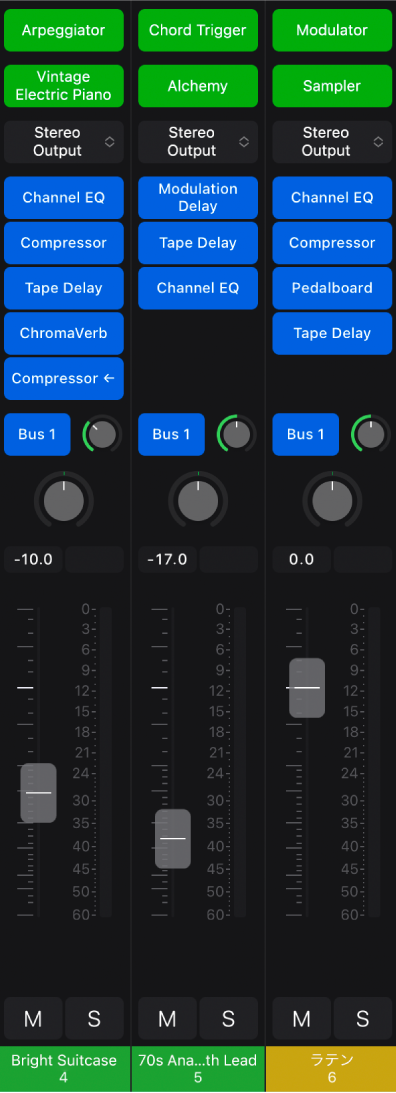 図。MIDIエフェクト、音源、およびオーディオエフェクトのプラグインが表示されているチャンネルストリップ。