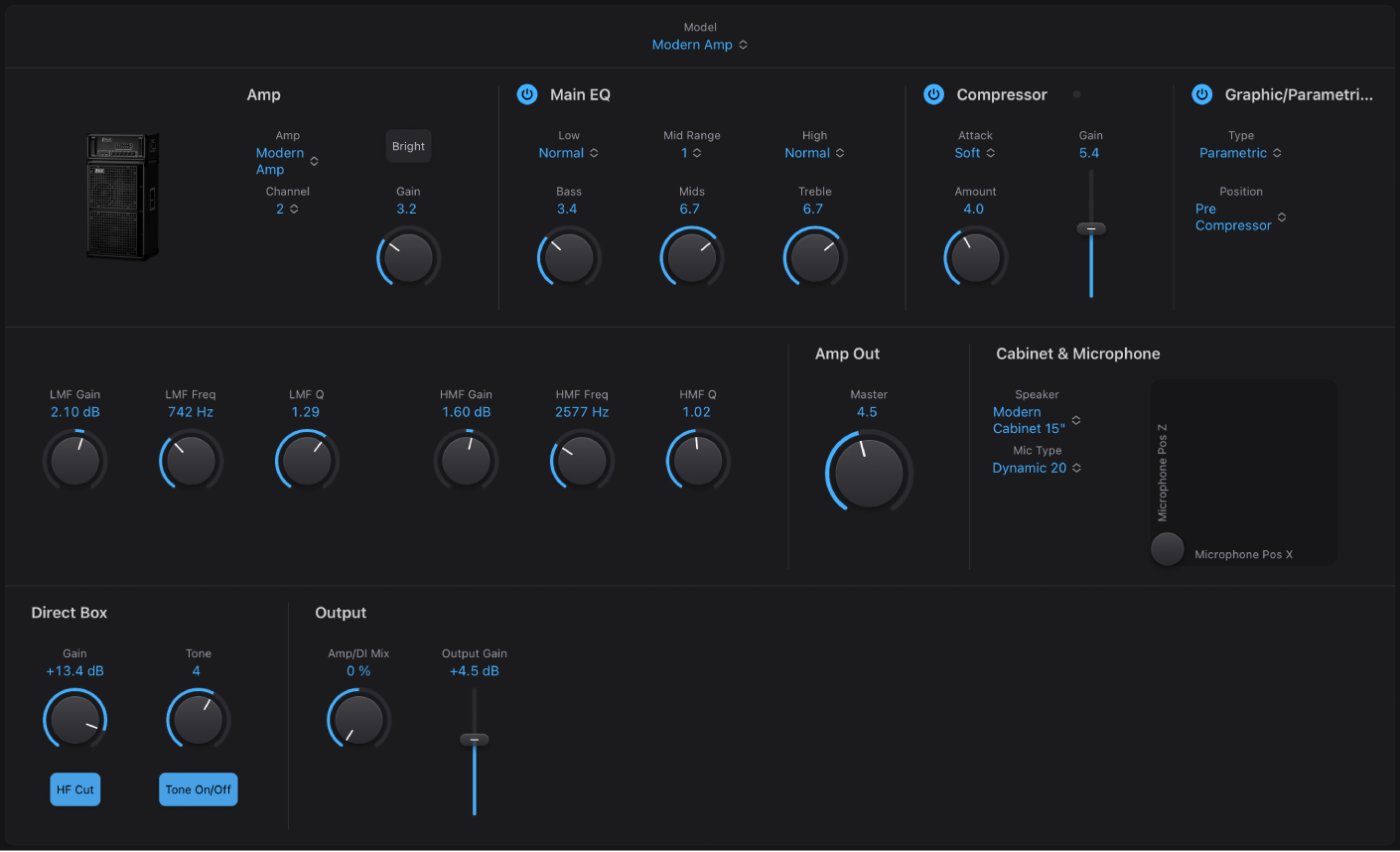 図。Bass Amp Designerウインドウ。主なインターフェイス領域が表示されている。