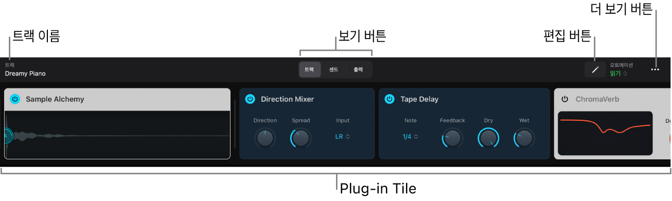 그림. 악기 Plug-in Tile과 트랙, 센드 및 출력 보기 버튼, 편집 버튼 및 더 보기 버튼이 표시된 여러 오디오 이펙트 Plug-in Tile을 표시하는 플러그인 영역.