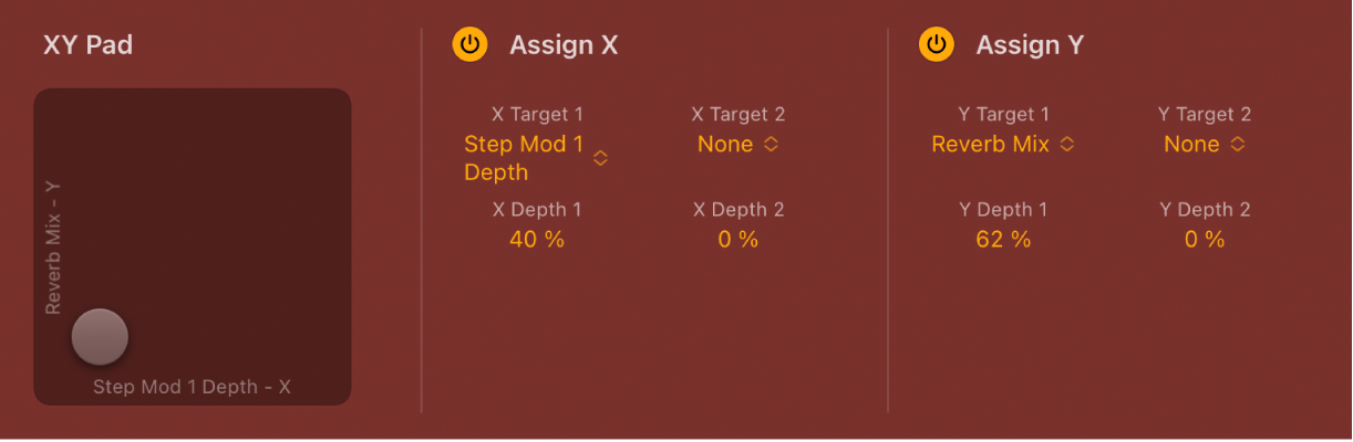 그림. Step FX XY 패드, X Assign 및 Y Assign 파라미터 섹션.