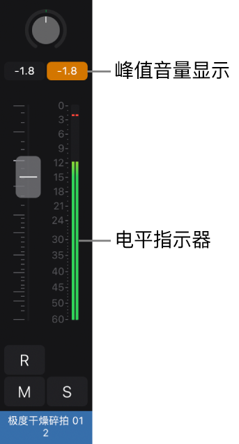 图。显示峰值音量显示和电平指示器的通道条。