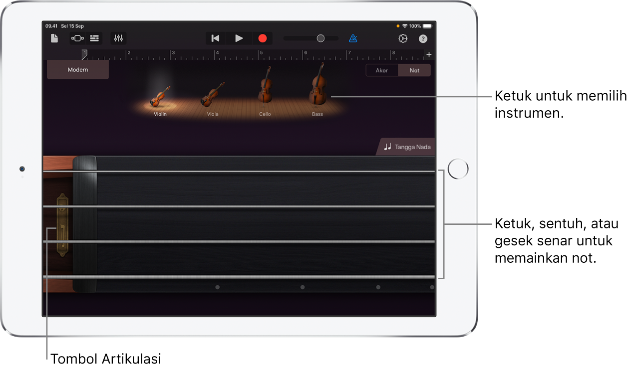 Tampilan catatan pada Instrumen Sentuh Senar