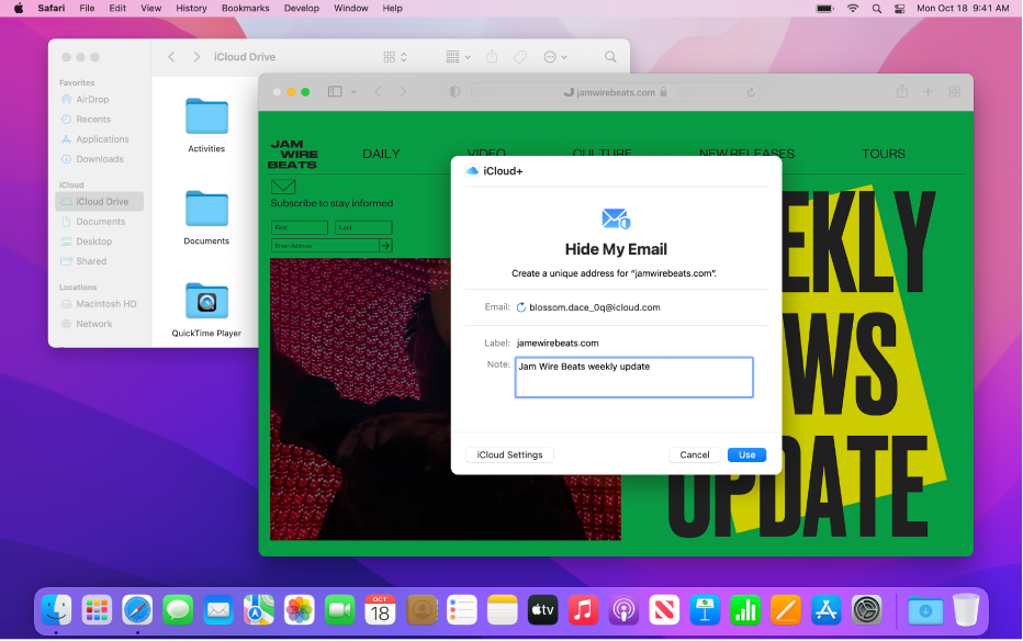 Un desktop Mac afișând două ferestre deschise – Finder prezentând fișierele din iCloud Drive și aplicația Safari și configurările Mascare e‑mail.