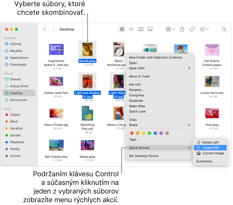 Okno Finder obsahujúce súbory a priečinky. Sú označené tri súbory a v menu Rýchle akcie je zvýraznená možnosť Vytvoriť PDF.