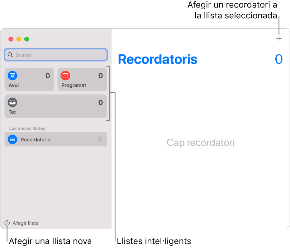 Una finestra de l’app Recordatoris amb crides mostrant el botó “Afegir llista”, “Afegir recordatori” i “Llistes intel·ligents”.