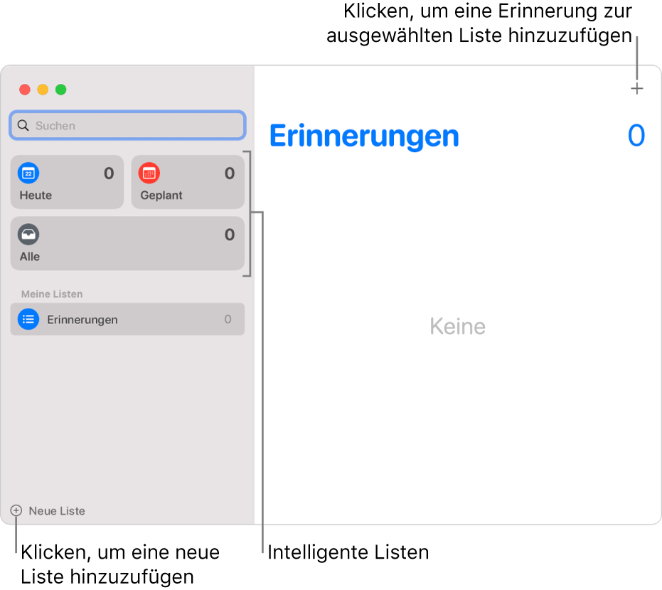 Ein Fenster der App „Erinnerungen“ mit Beschriftungen für die Tasten „Neue Liste“ und „Erinnerung hinzufügen“ sowie „Intelligente Listen“