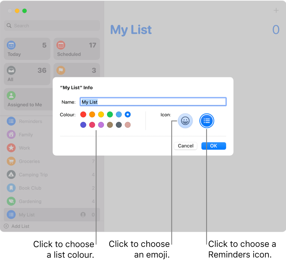 The Info dialogue for a Reminders list, showing the colour swatches and the icon buttons.