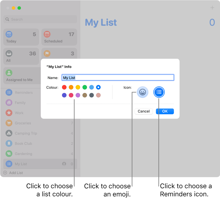 The Info dialogue for a Reminders list, showing the colour swatches, and the icon buttons.