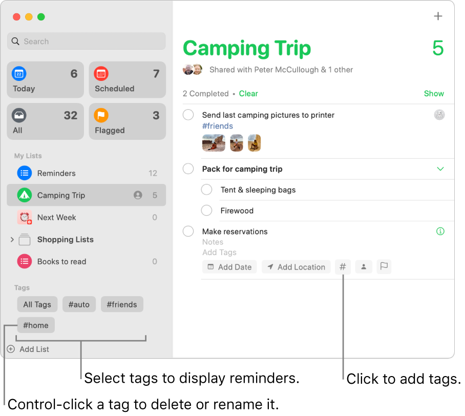 A Reminders window showing several tags in the sidebar and a reminder that has one tag applied to it.