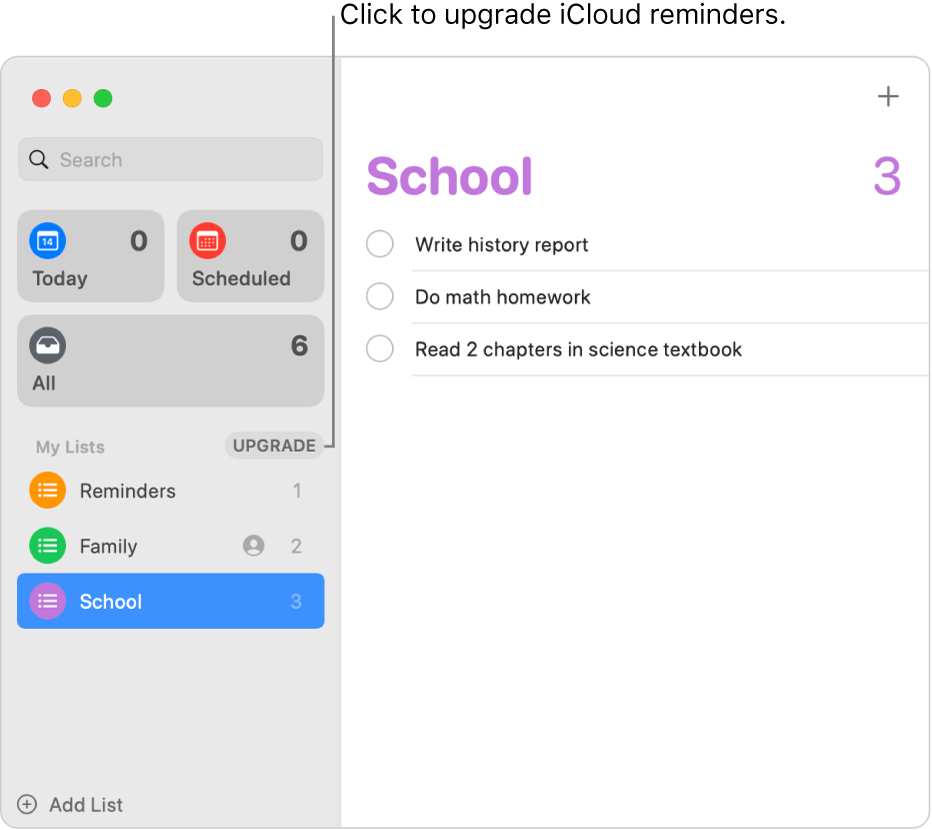 A Reminders window, showing the Upgrade button in the sidebar.