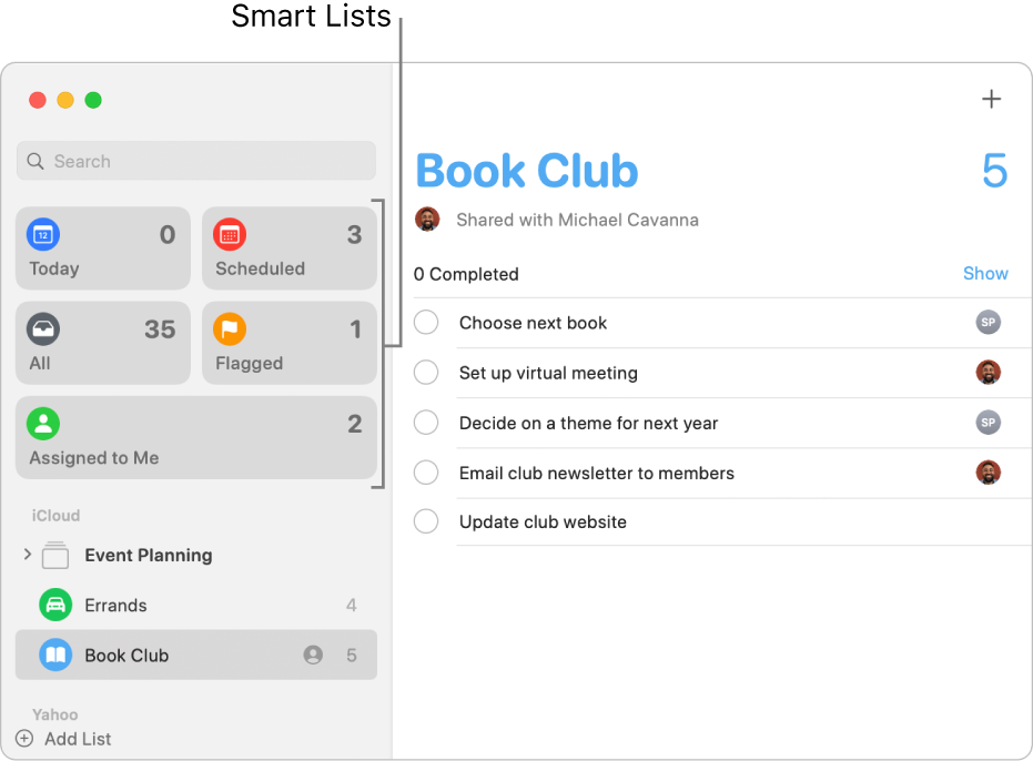A Reminders window showing Smart Lists in the sidebar.