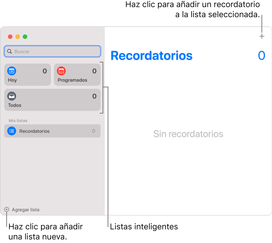 Una ventana de Recordatorios, con globos que muestran el botón “Agregar lista”, el botón “Agregar recordatorio” y “Listas inteligentes”.