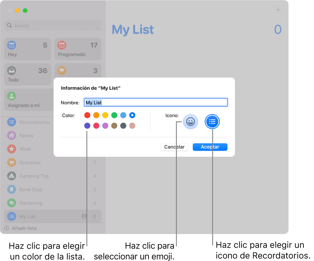 El cuadro de diálogo Información de una lista de Recordatorios, con las muestras de color y los botones de iconos.