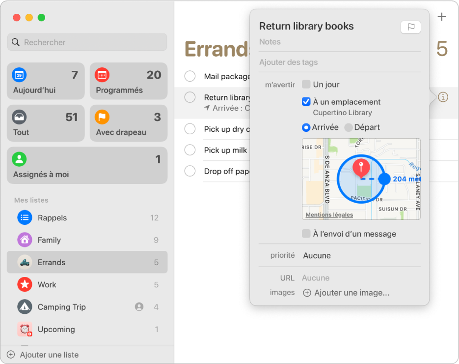 Fenêtre d’informations d’un rappel, configurée pour envoyer une alerte de notification à un emplacement.