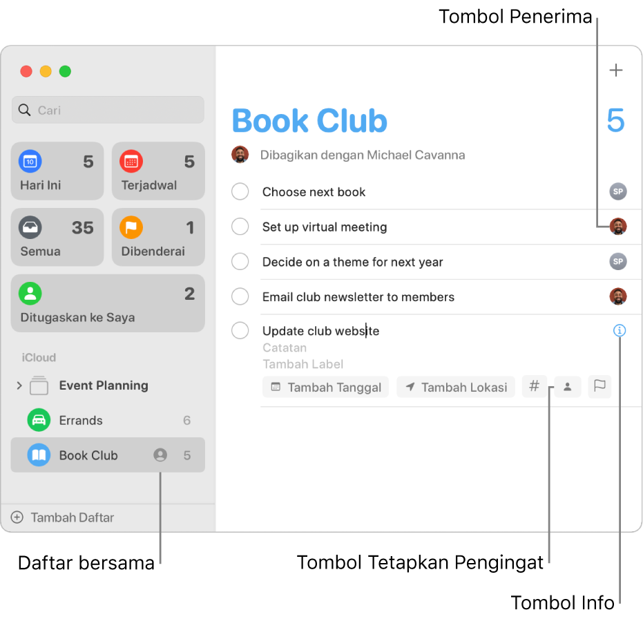 Jendela Pengingat menampilkan daftar bersama dengan pengingat yang ditugaskan.