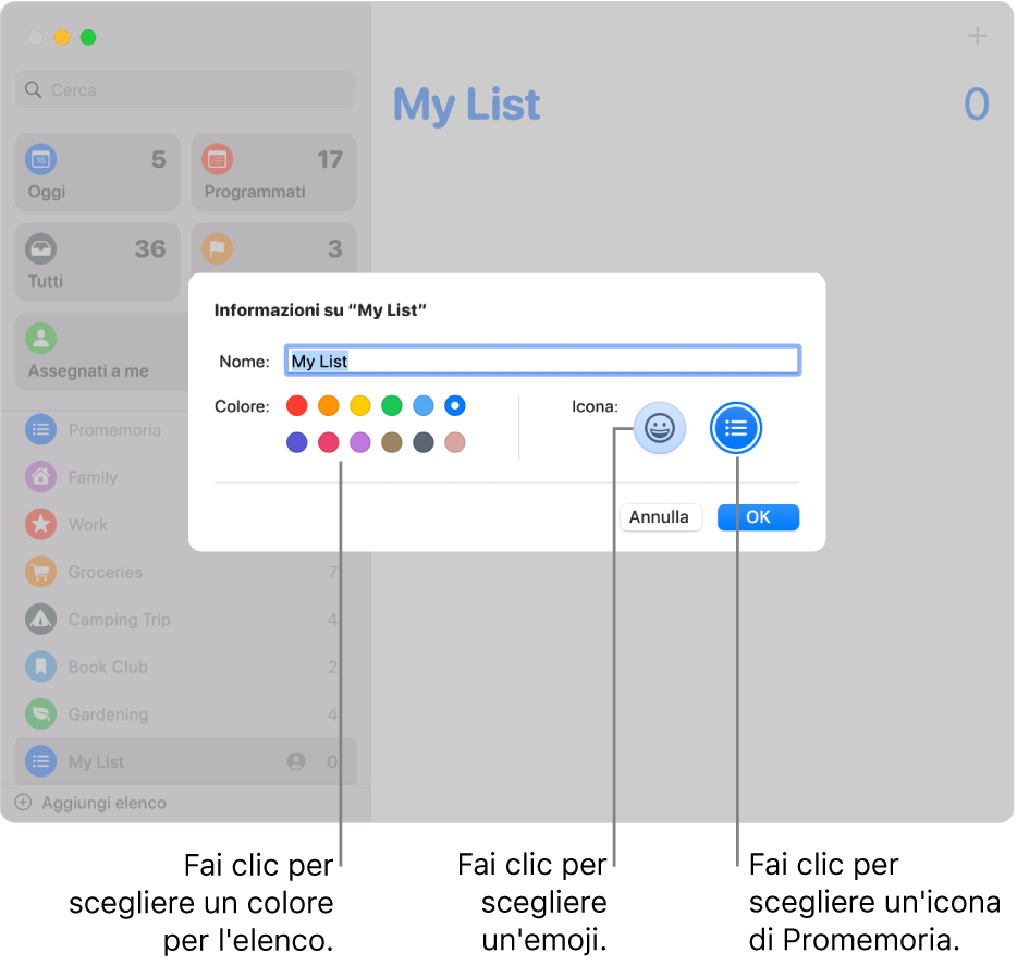 La finestra di dialogo Info per un elenco di Promemoria, che mostra campioni di colori e i pulsanti delle icone.