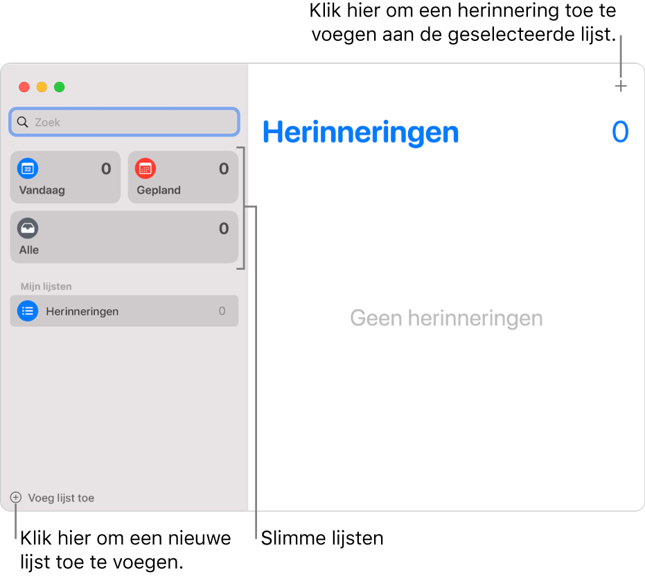 Een Herinneringen-venster met bijschriften voor de knop 'Voeg lijst toe', de knop 'Voeg herinnering toe' en slimme lijsten.