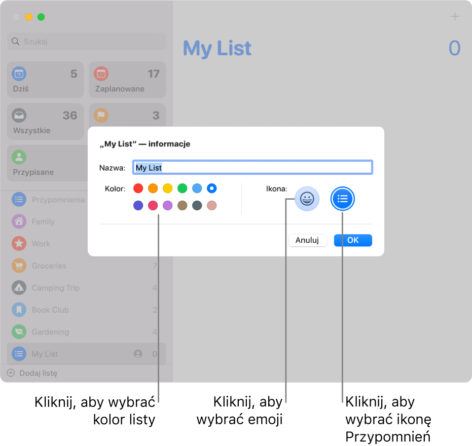 Okno dialogowe informacji o liście w aplikacji Przypomnienia pokazujące próbniki kolorów oraz przyciski ikon.