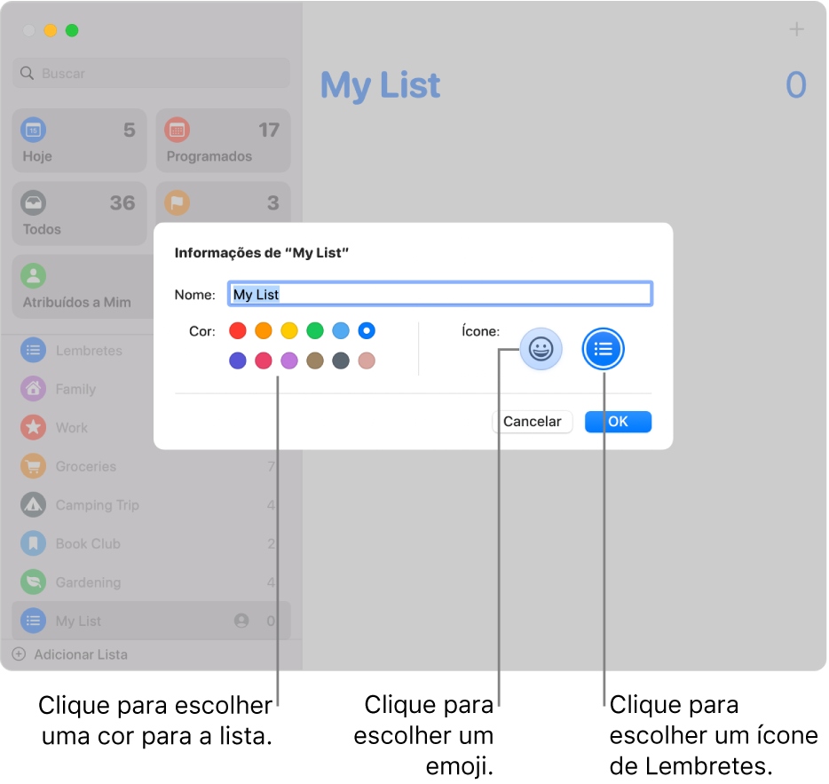 Diálogo de Informações de uma lista do Lembretes, mostrando as amostras de cores e os botões de ícone.