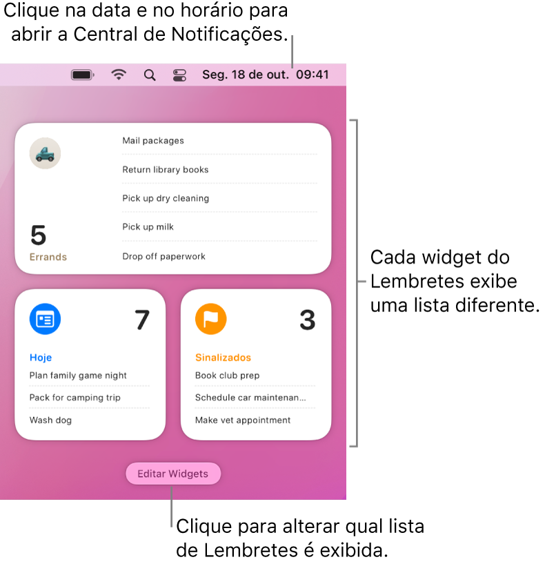 Três widgets do app Lembretes na Central de Notificações, cada um exibindo uma lista diferente.
