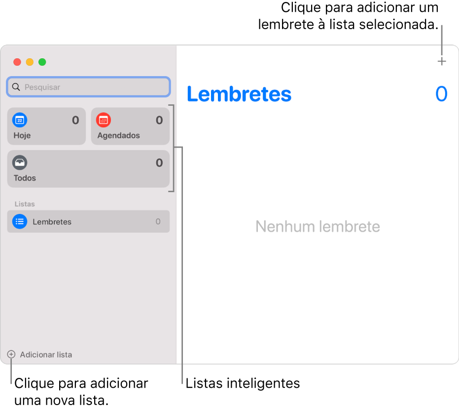 Uma janela da aplicação Lembretes, com chamadas a mostrarem o botão “Adicionar lista”, o botão “Adicionar lembrete” e “Listas inteligentes”.