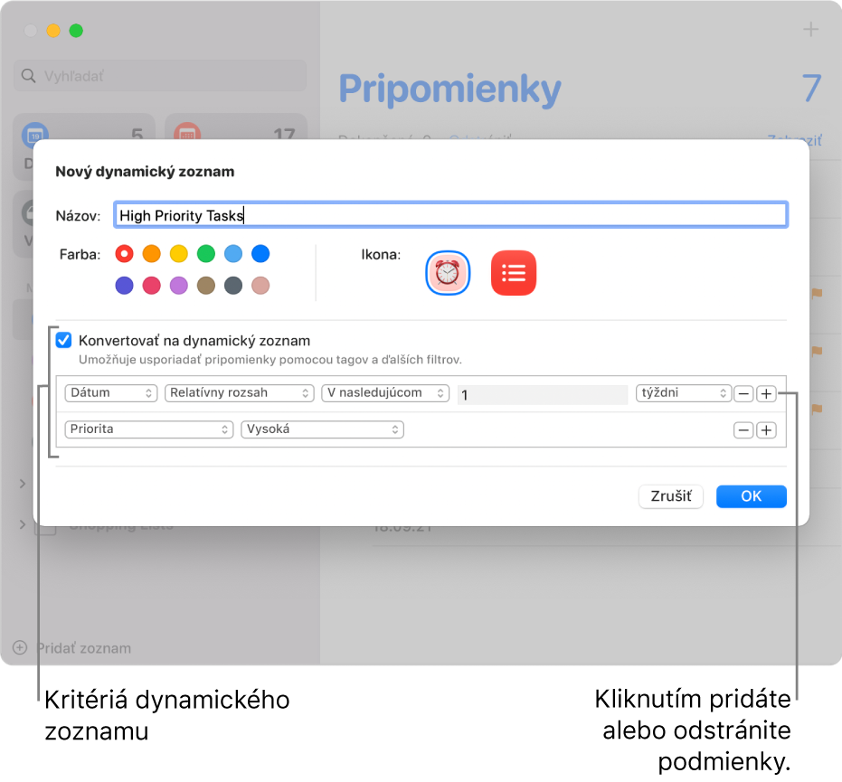 Dialógové okno Nový dynamický zoznam zobrazujúce polia použité na špecifikovanie kritérií.