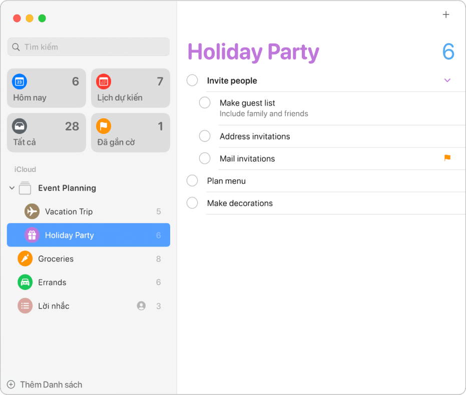 Cửa sổ Lời nhắc, đang hiển thị danh sách với các tác vụ con.