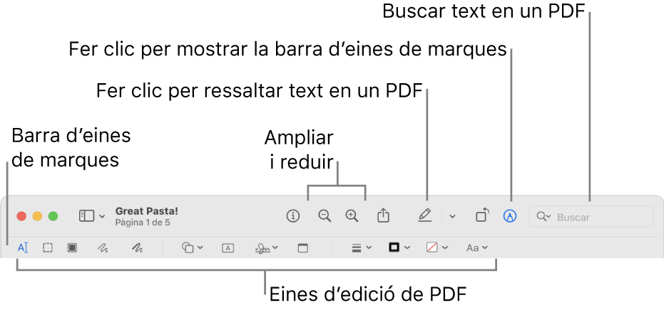 Barra d’eines de marques per marcar un PDF.